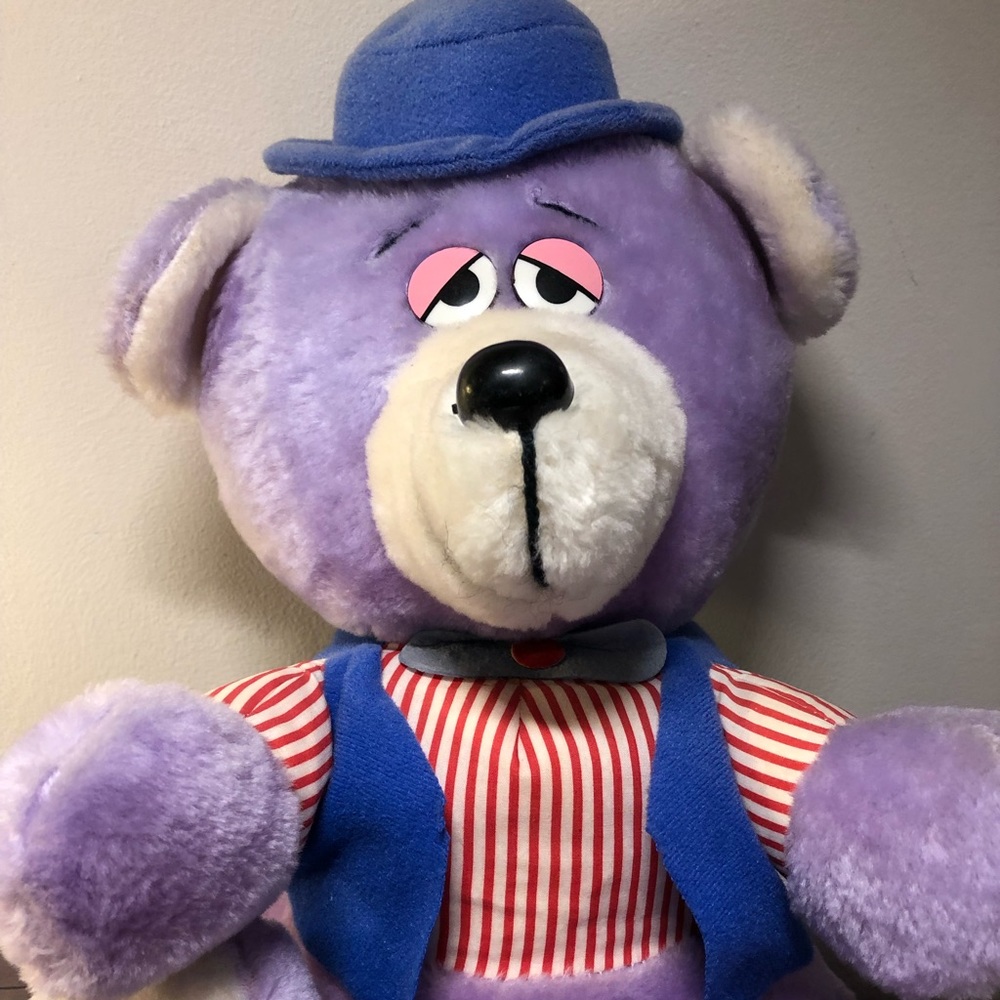 Rare Vintage Ganz Bros. Plush Purple Bear With Blue Hat And Bow Tie 14”